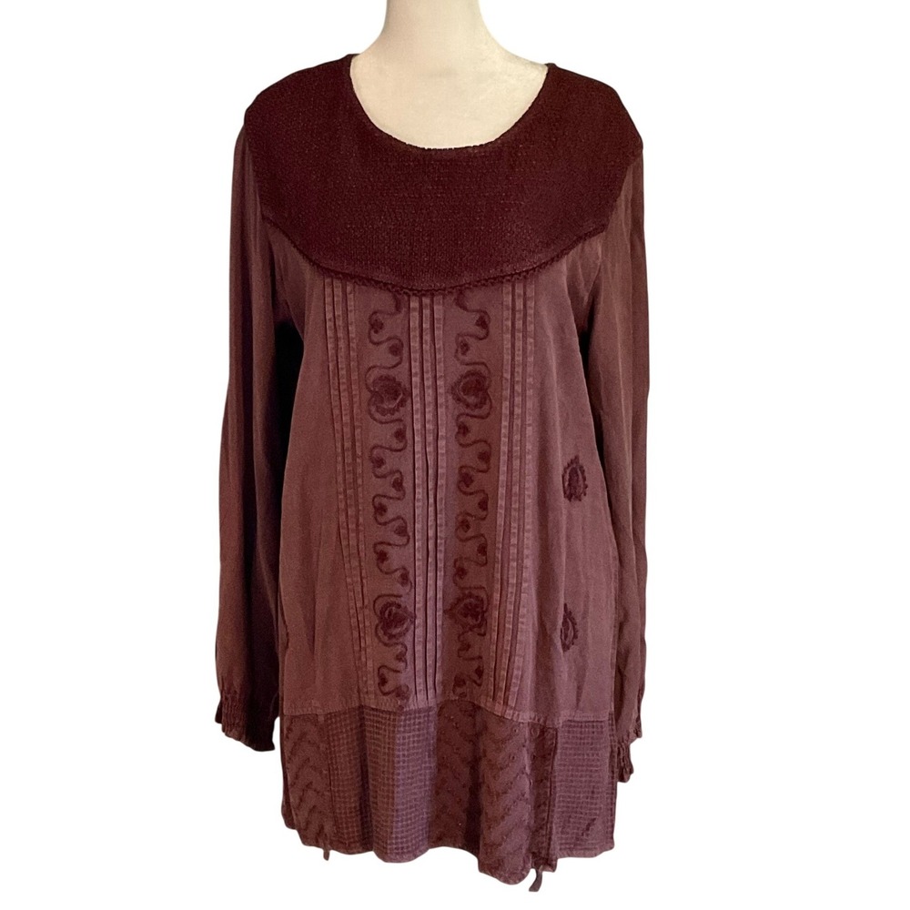 Sacred threads BoHo Chic embroidered tunic top burgundy fall rayon O/S cottage M